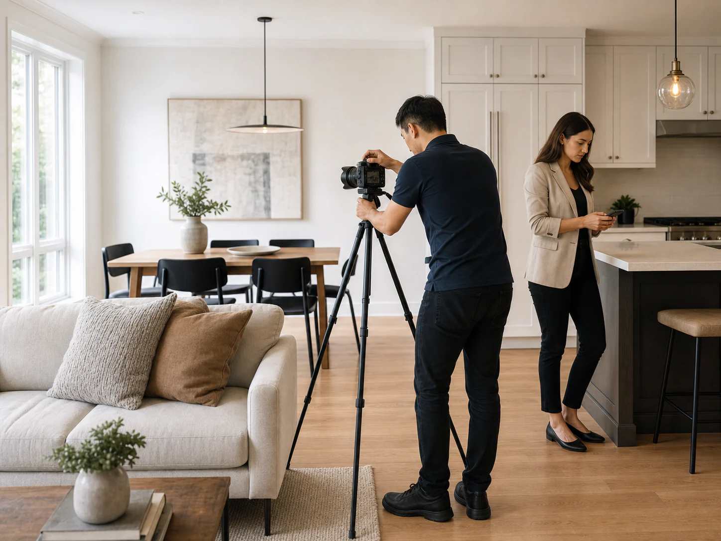 A real estate photographer sets up a camera while a listing agent reviews details in a prepared home.